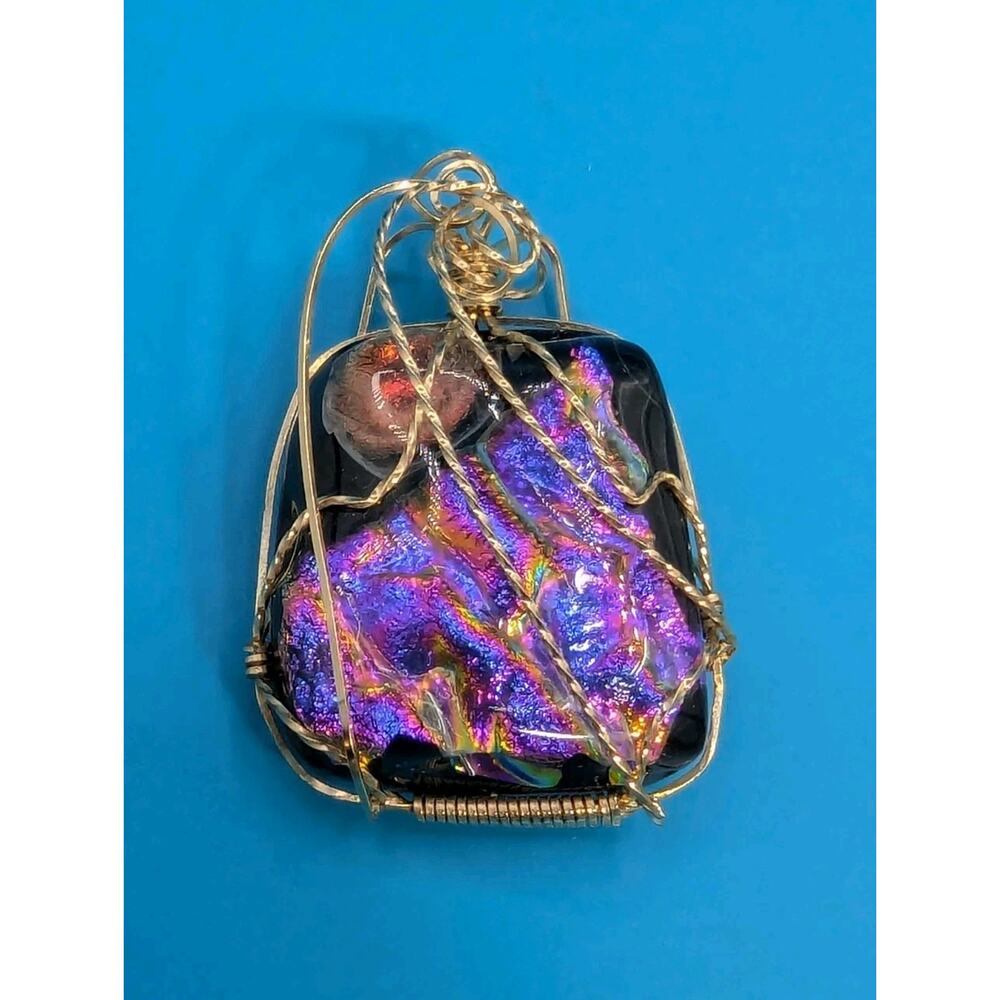 Gold Filled Wire Wrapped Multicolored Dichroic Pendant. Made in the USA